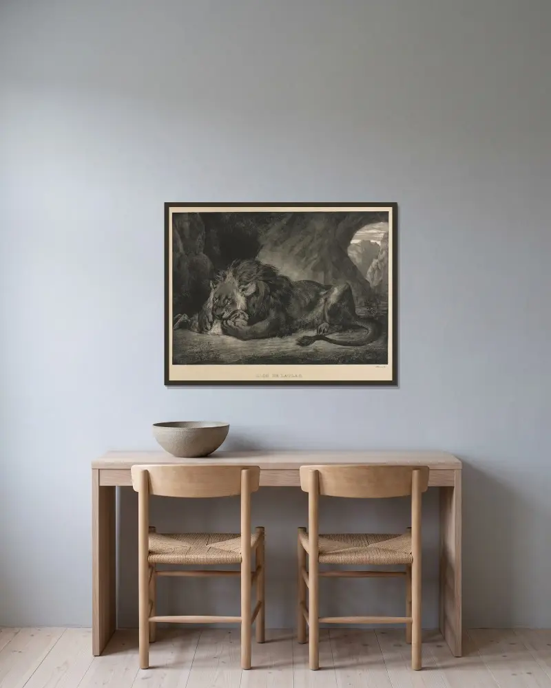 Lejonet i Atlasbergen av Eugène Delacroix inramad på en vägg
