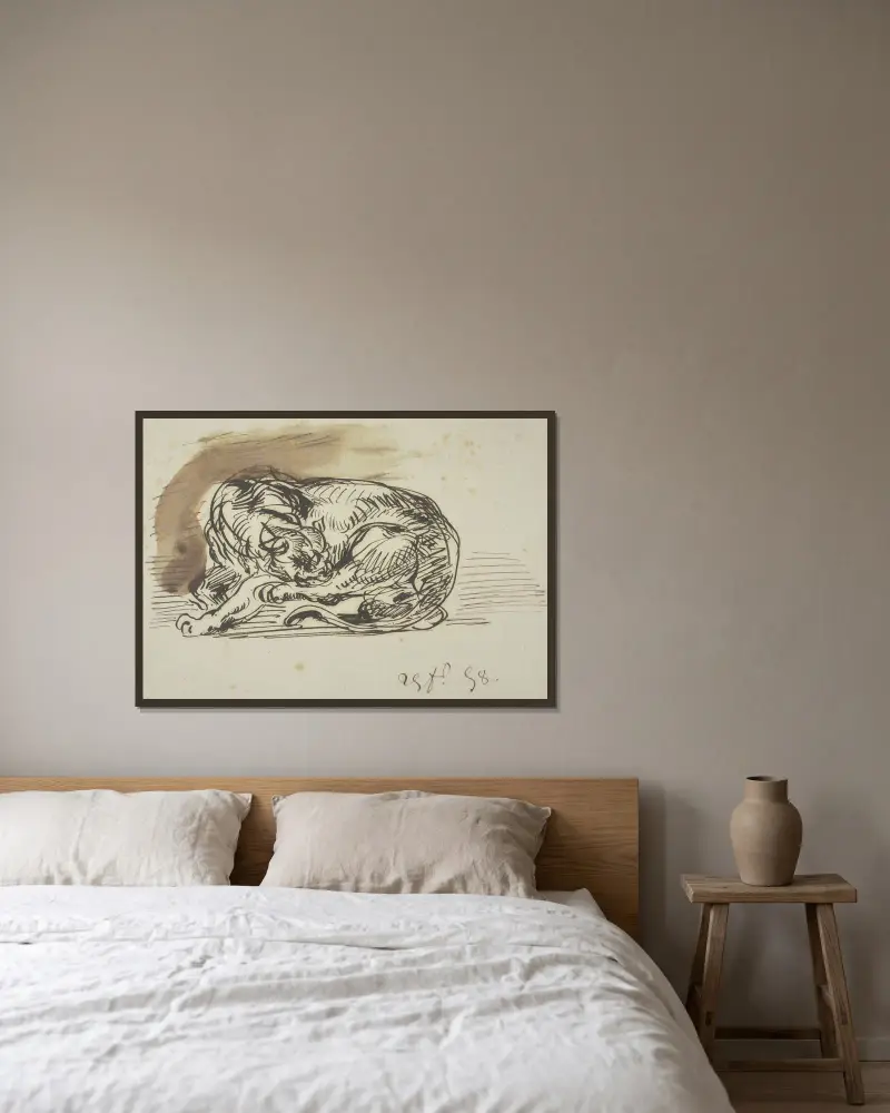Löwin, ihre linke Hinterpfote leckend av Eugène Delacroix inramad på en vägg