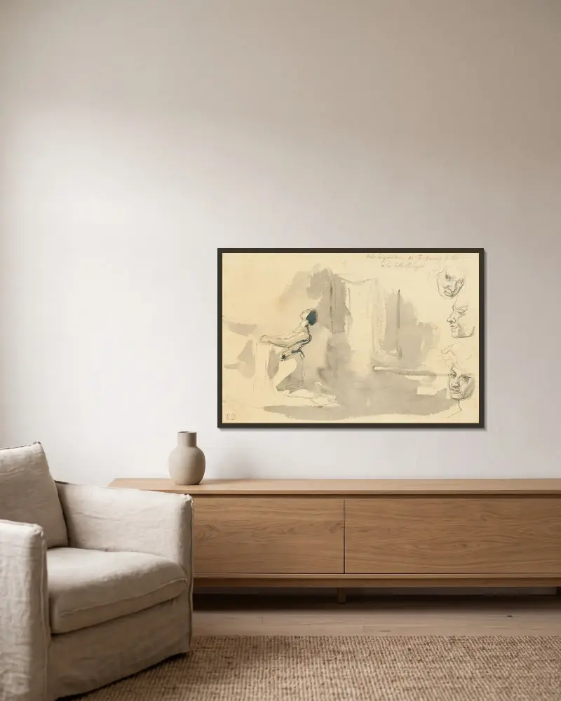 Margarete in der Kirche mit Studien von Mephistopheles' Kopf von Eugène Delacroix gerahmt an einer Wand
