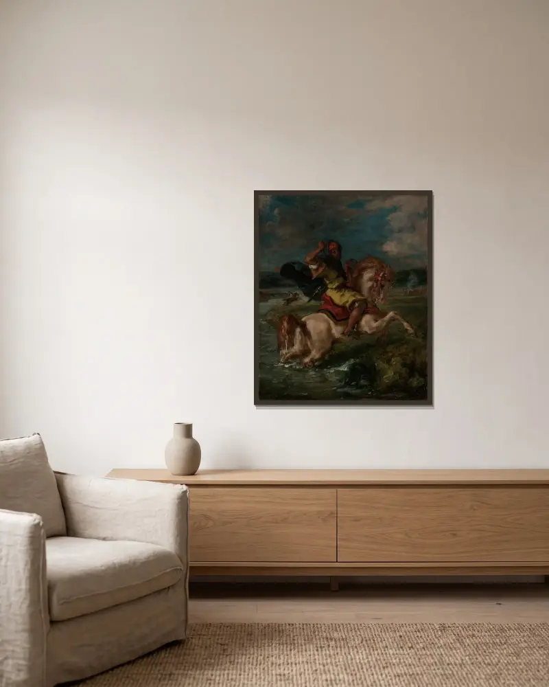 Marockansk ryttare som korsar ett vad av Eugène Delacroix inramad på en vägg