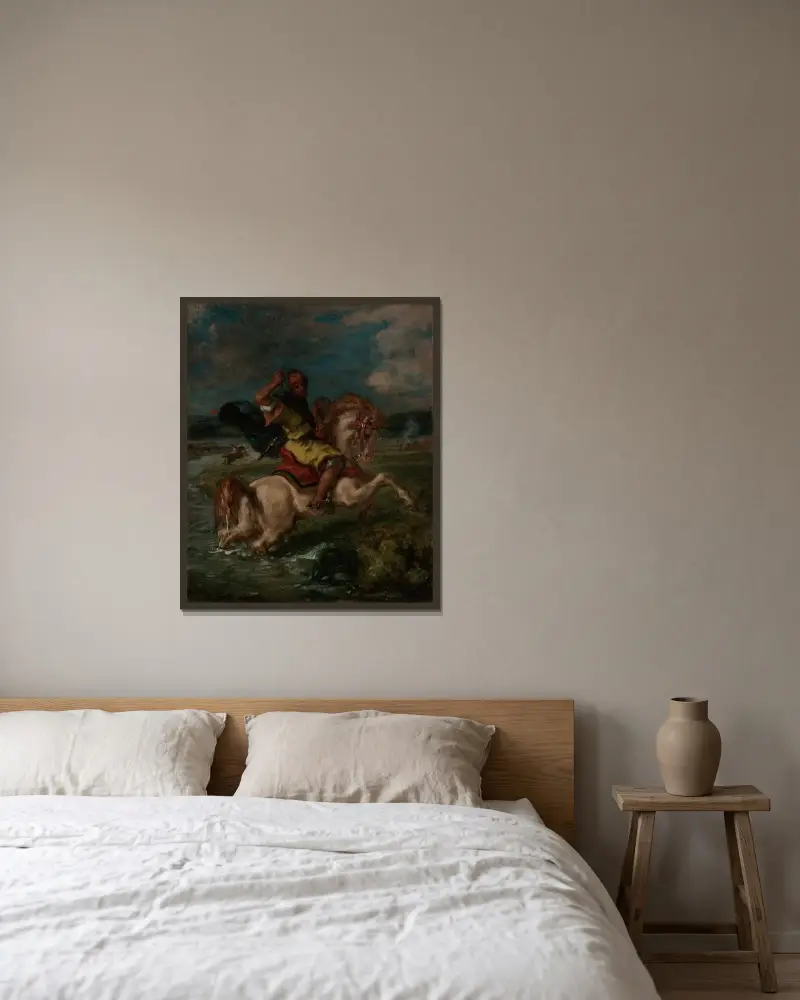 Marockansk ryttare som korsar ett vad av Eugène Delacroix inramad på en vägg