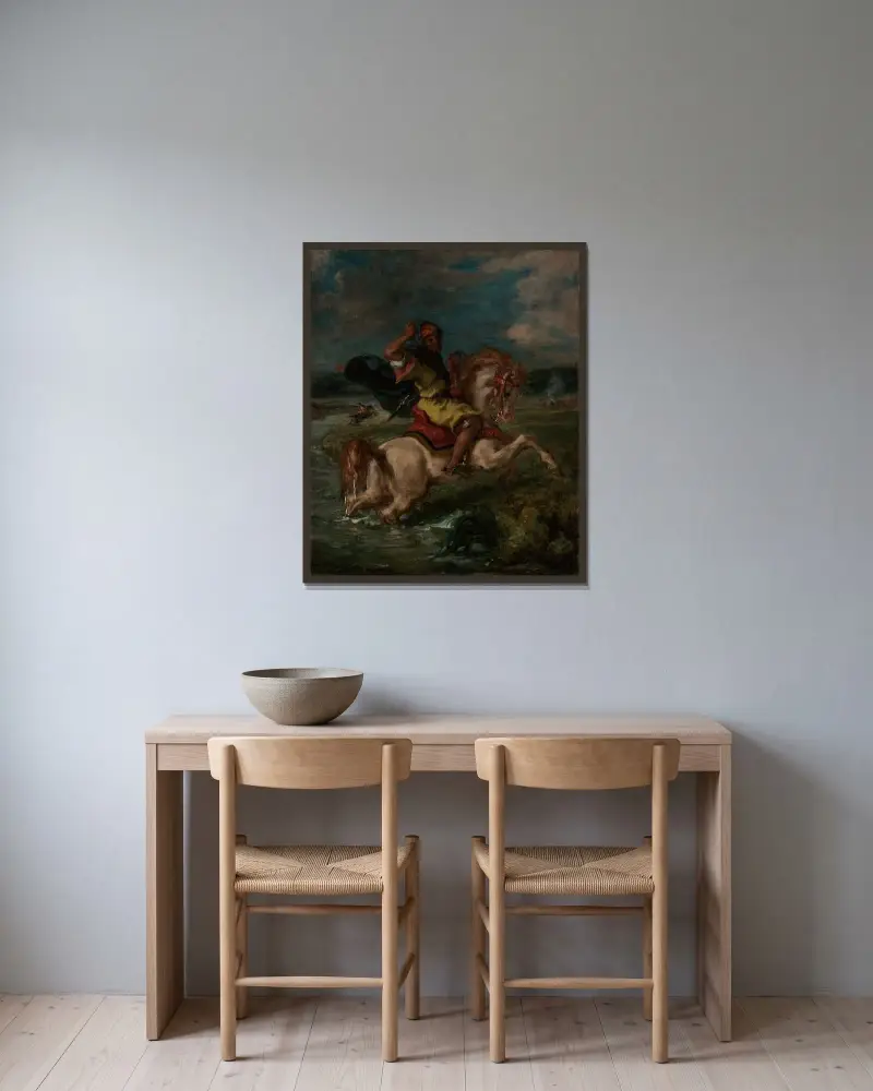 Marockansk ryttare som korsar ett vad av Eugène Delacroix inramad på en vägg