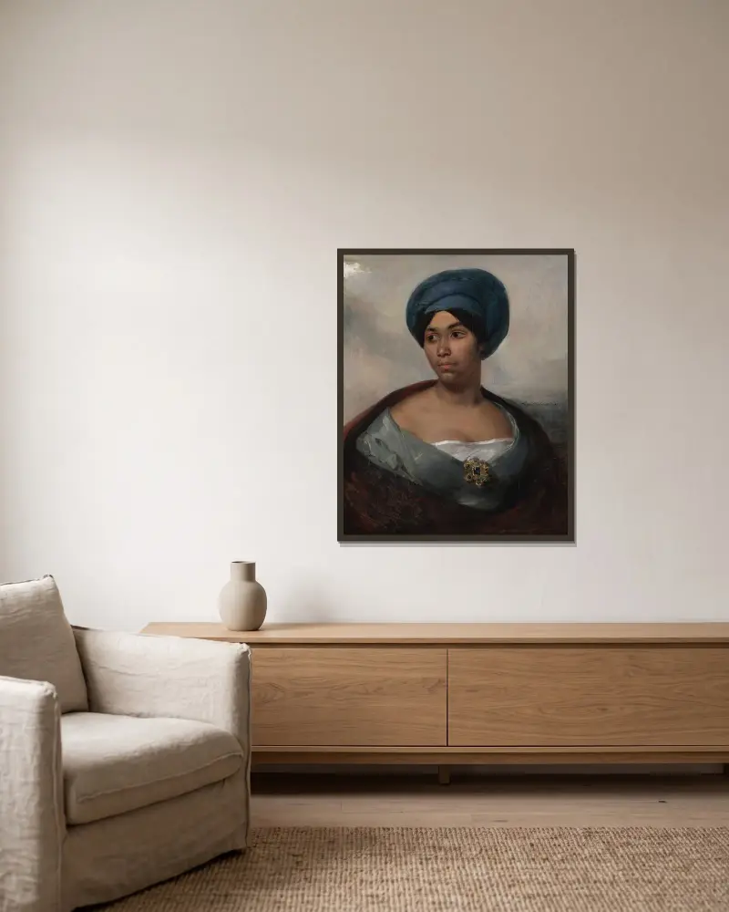 Porträtt av en kvinna i blå turban av Eugène Delacroix inramad på en vägg