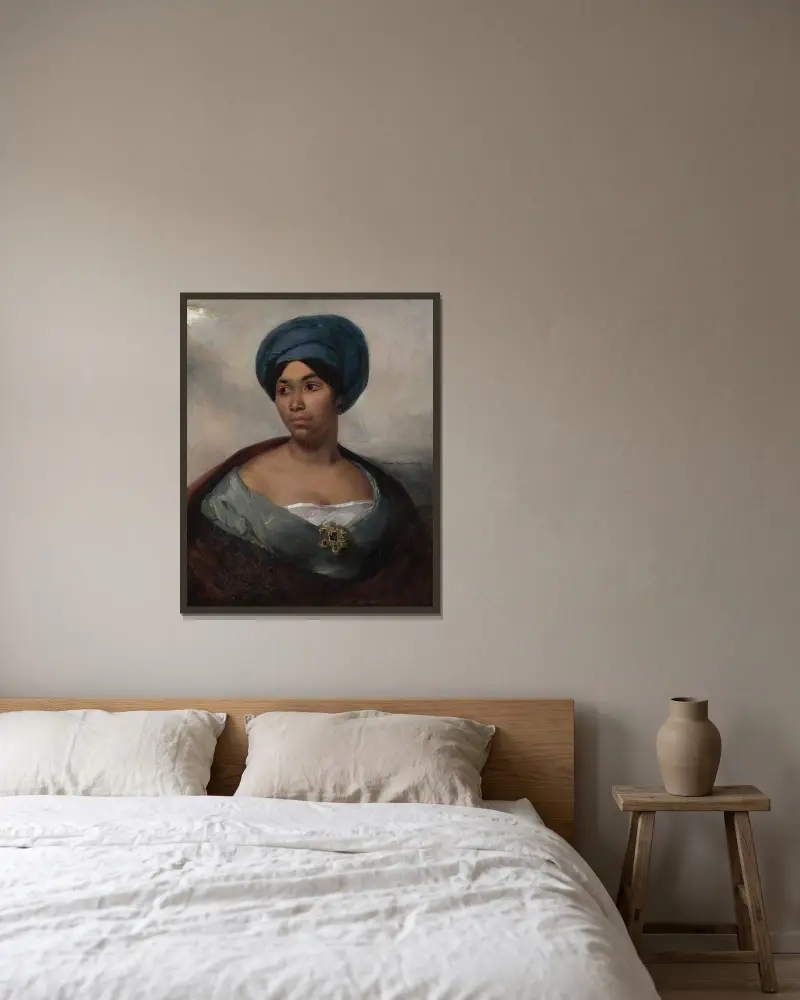 Porträtt av en kvinna i blå turban av Eugène Delacroix inramad på en vägg