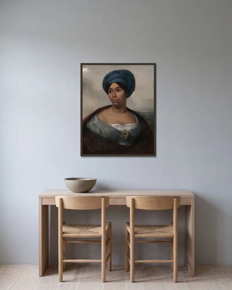 Porträtt av en kvinna i blå turban av Eugène Delacroix inramad på en vägg