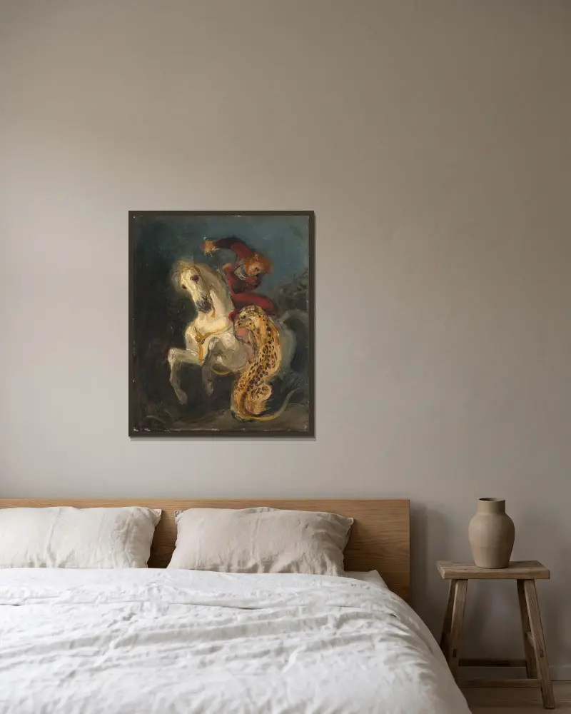 Ryttare anfallen av en jaguar av Eugène Delacroix inramad på en vägg