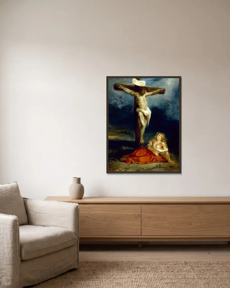 Maria Magdalena vid korsets fot av Eugène Delacroix inramad på en vägg