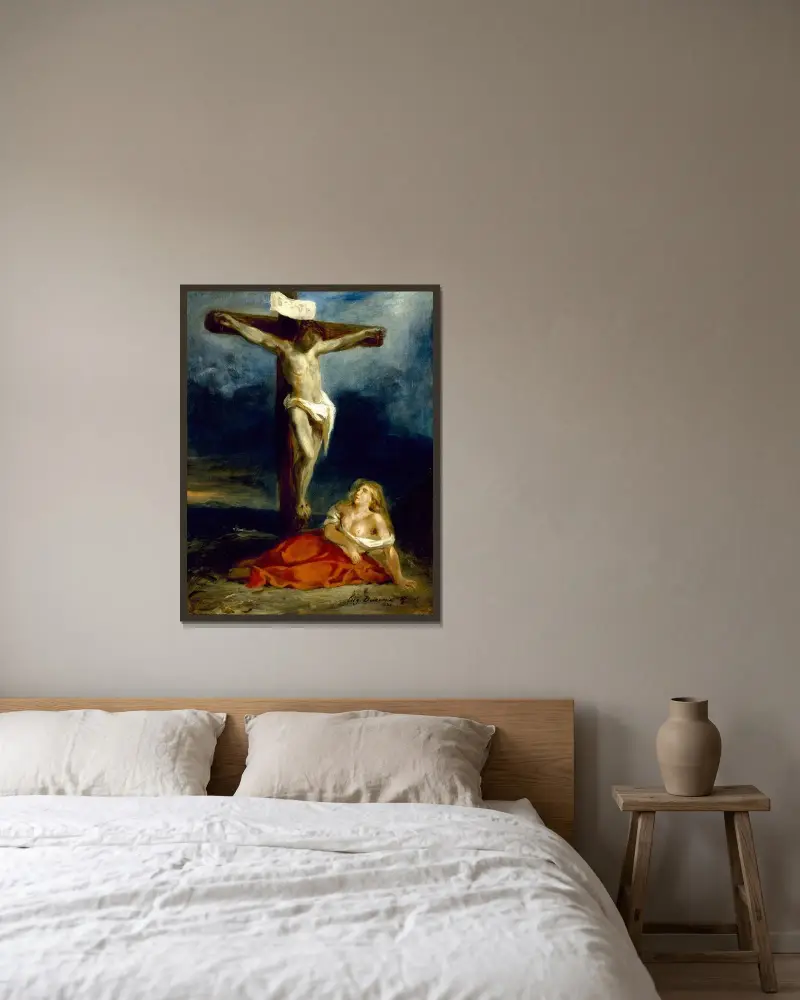 Maria Magdalena vid korsets fot av Eugène Delacroix inramad på en vägg