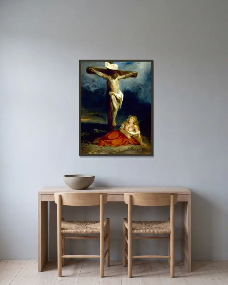 Maria Magdalena vid korsets fot av Eugène Delacroix inramad på en vägg