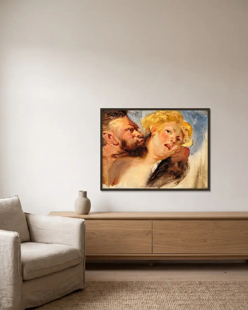 Satyr omfamnar en nymf, efter Peter Paul Rubens av Eugène Delacroix inramad på en vägg