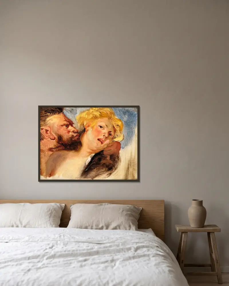 Satyr omfamnar en nymf, efter Peter Paul Rubens av Eugène Delacroix inramad på en vägg