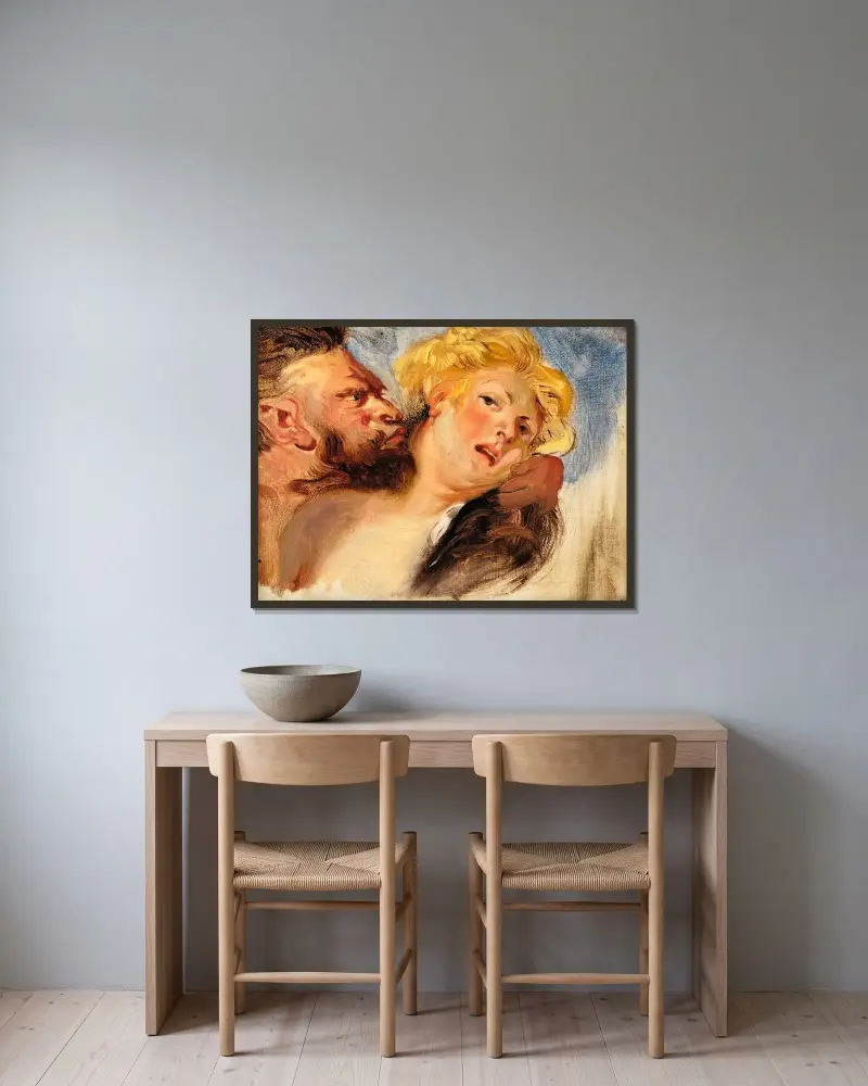 Satyr omfamnar en nymf, efter Peter Paul Rubens av Eugène Delacroix inramad på en vägg