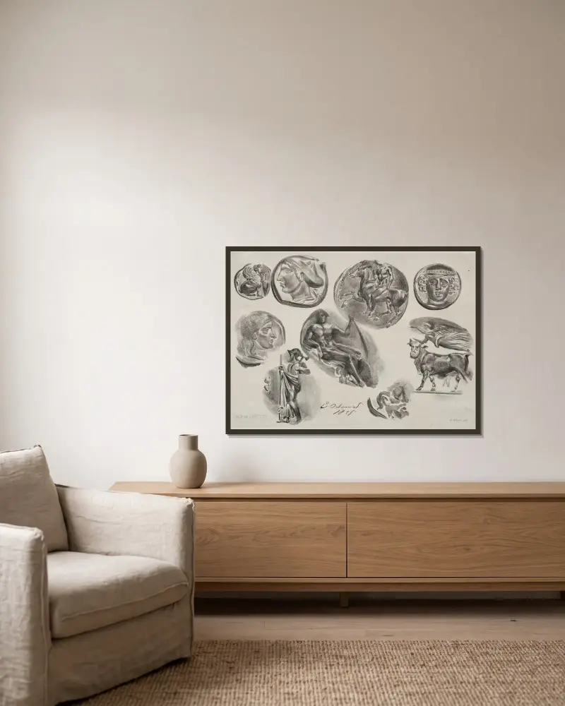 Sheet with Nine Antique Medals av Eugène Delacroix inramad på en vägg