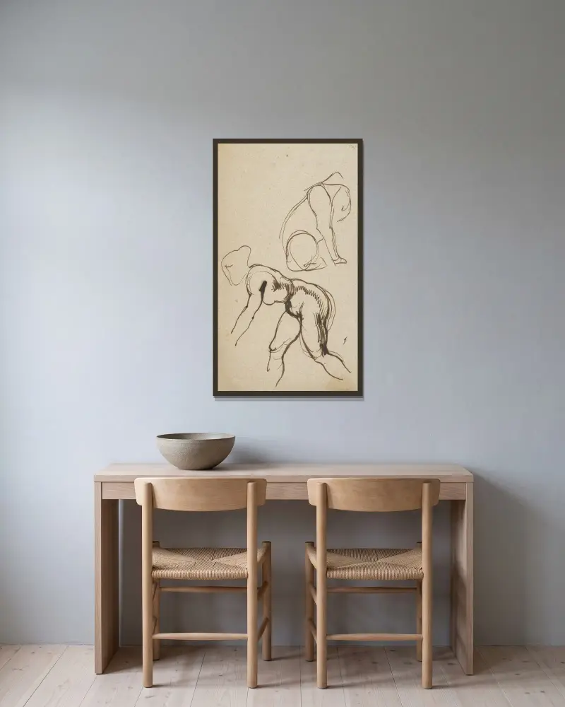 Studier av ett lejon och en kvinnlig nakenmodell av Eugène Delacroix inramad på en vägg