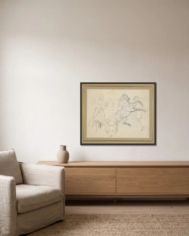 Studien von Figuren, Pferden und Hunden von Eugène Delacroix gerahmt an einer Wand