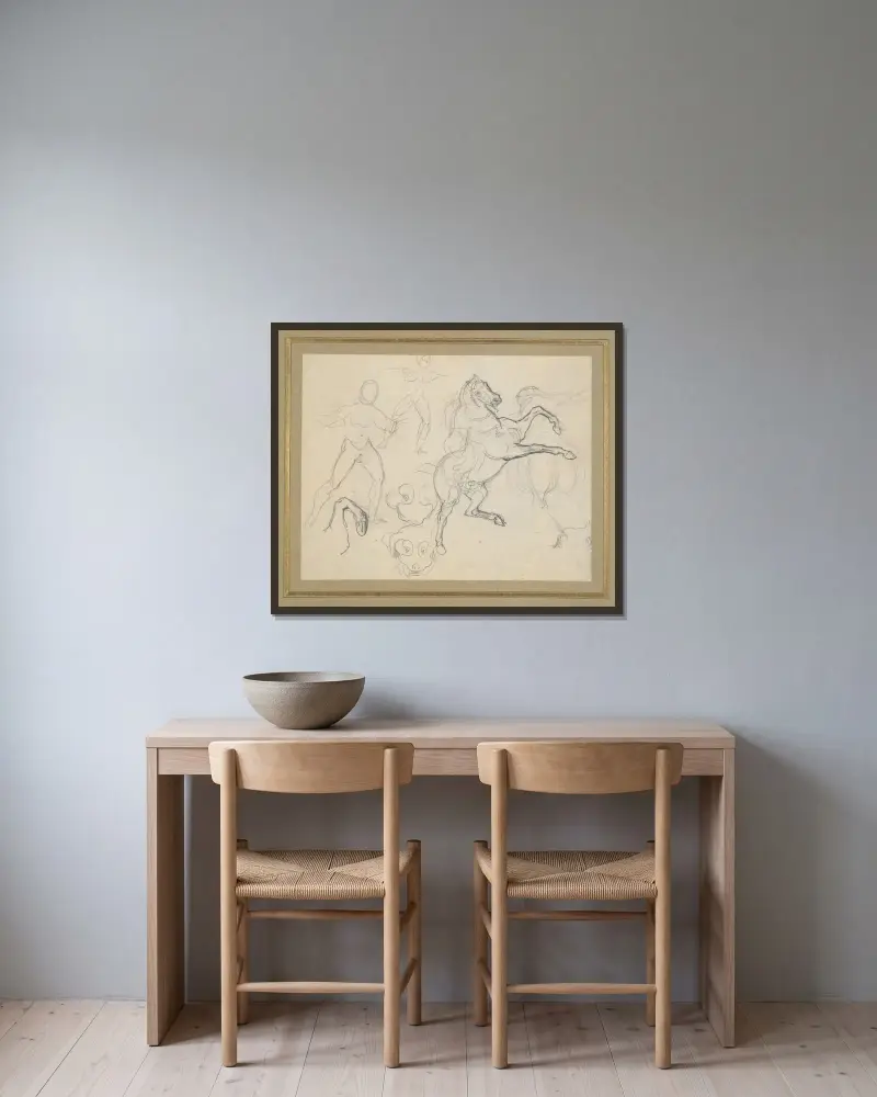 Studien von Figuren, Pferden und Hunden von Eugène Delacroix gerahmt an einer Wand