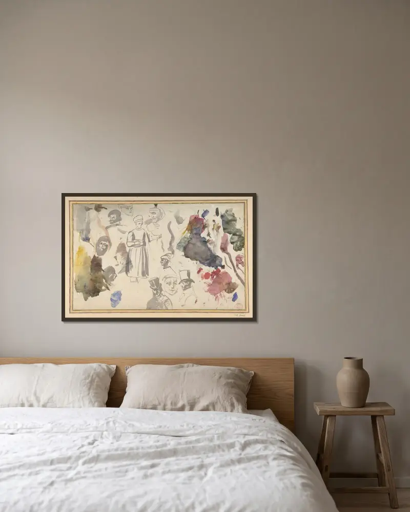 Studier av manshuvuden och en stående mansfigur av Eugène Delacroix inramad på en vägg