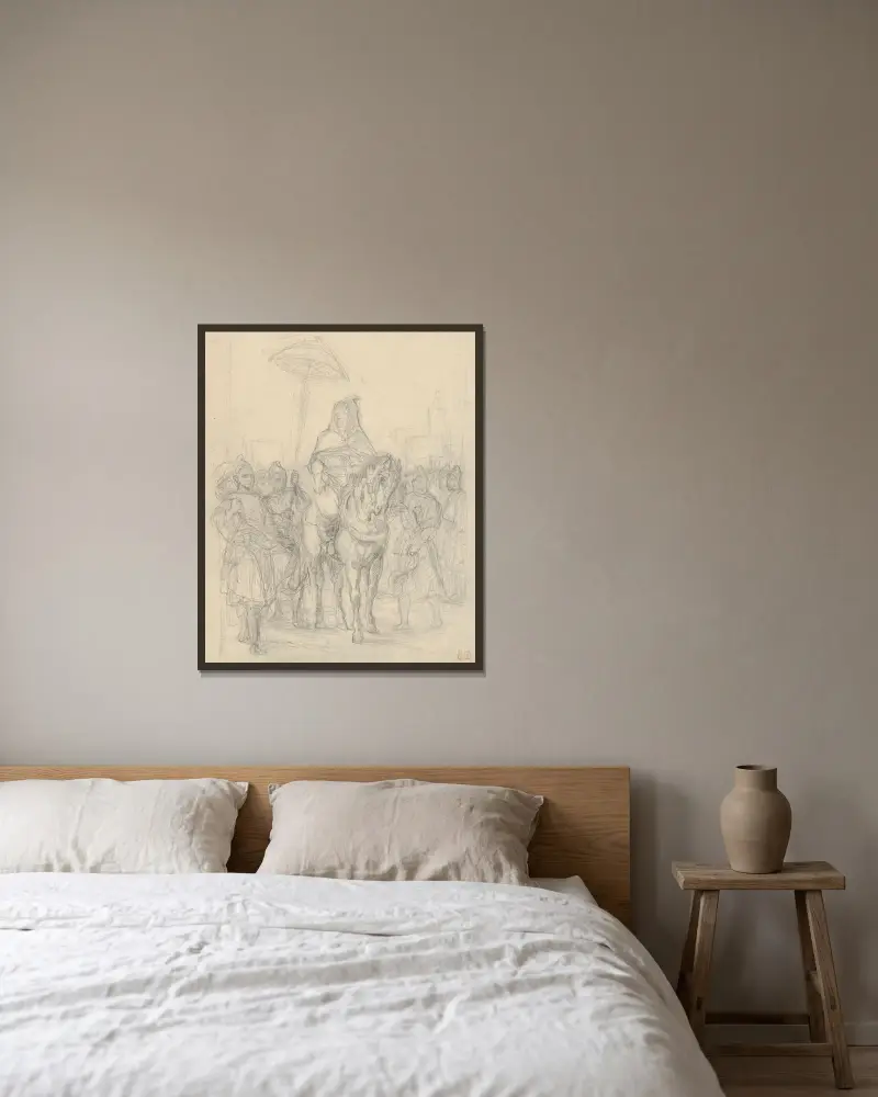 Studie till Sultanen av Marocko och hans följe, 1855 av Eugène Delacroix inramad på en vägg