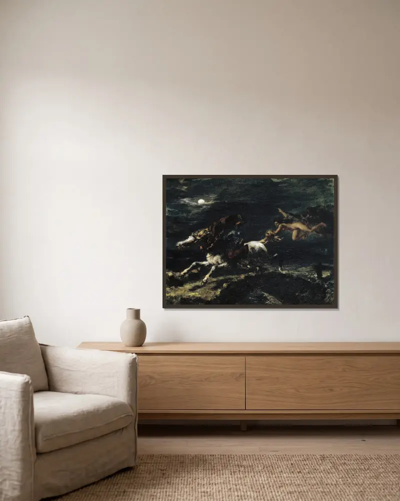 Tam O'Shanter von den Hexen verfolgt von Eugène Delacroix gerahmt an einer Wand