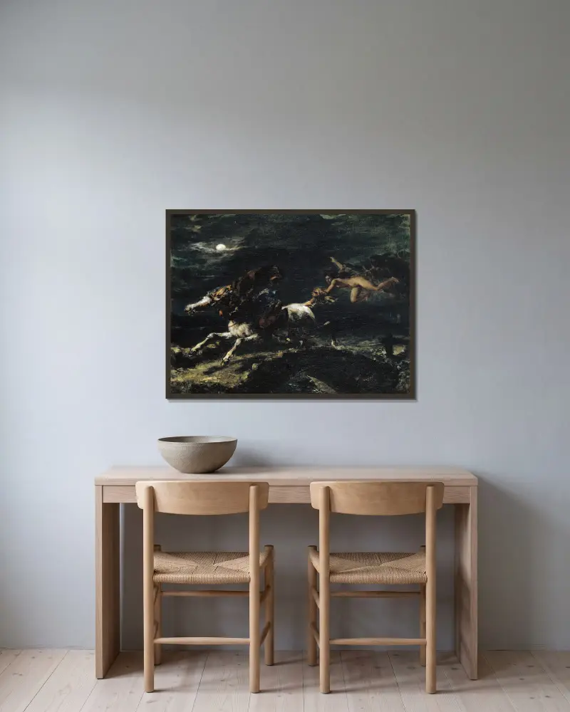 Tam O'Shanter von den Hexen verfolgt von Eugène Delacroix gerahmt an einer Wand