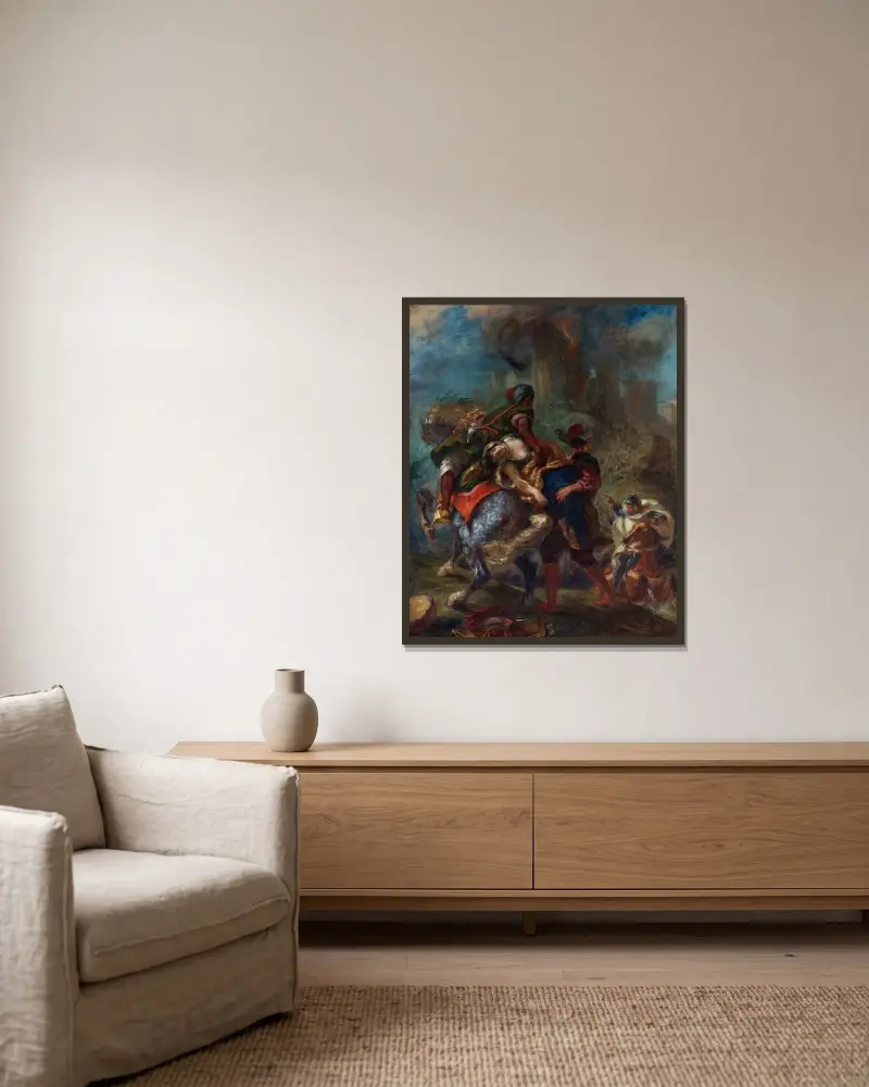 Rebeccas bortrövande av Eugène Delacroix inramad på en vägg