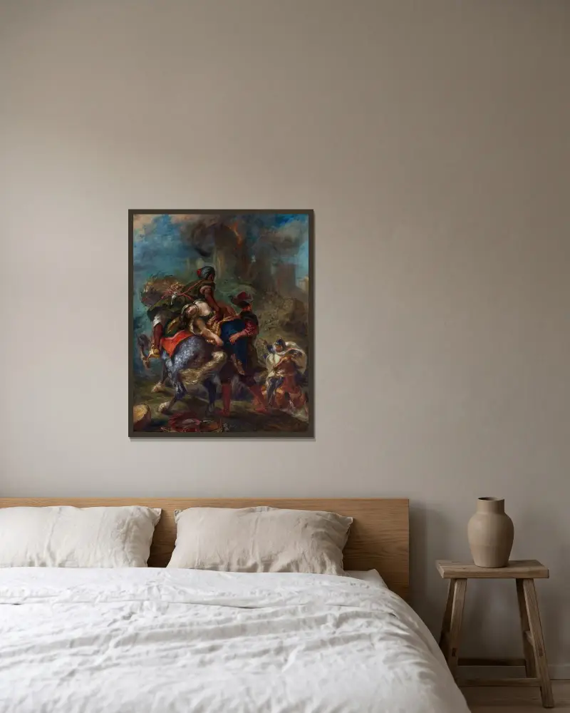Rebeccas bortrövande av Eugène Delacroix inramad på en vägg