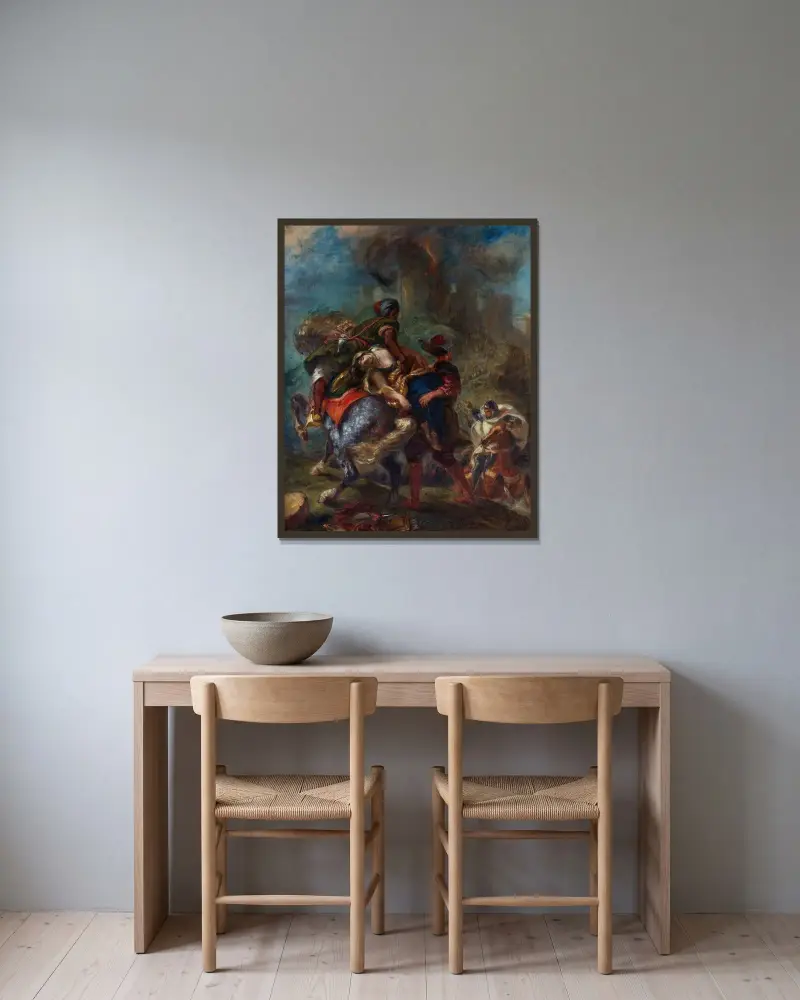Rebeccas bortrövande av Eugène Delacroix inramad på en vägg
