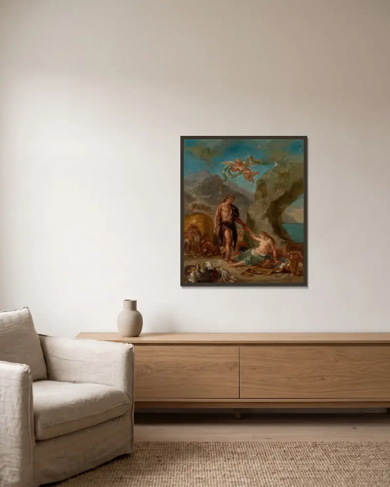 Hösten – Bacchus och Ariadne av Eugène Delacroix inramad på en vägg