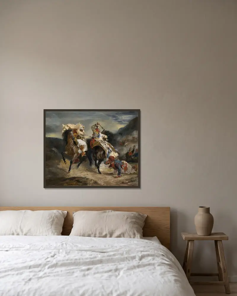 Striden mellan Giauren och Hassan av Eugène Delacroix inramad på en vägg