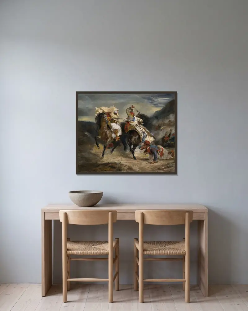 Striden mellan Giauren och Hassan av Eugène Delacroix inramad på en vägg