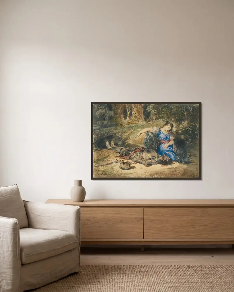 Laras död av Eugène Delacroix inramad på en vägg