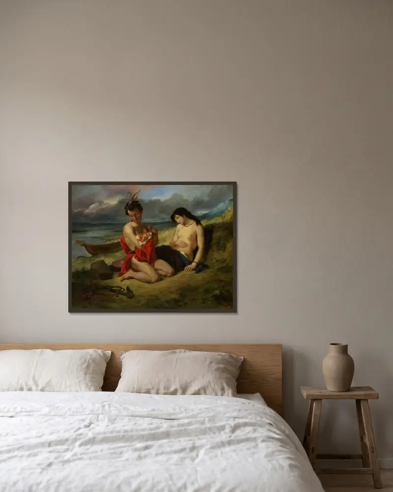 The Natchez av Eugène Delacroix inramad på en vägg