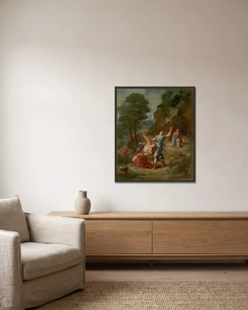 Der Frühling – Eurydike, von einer Schlange gebissen, während sie Blumen pflückt (Eurydikes Tod) von Eugène Delacroix gerahmt an einer Wand