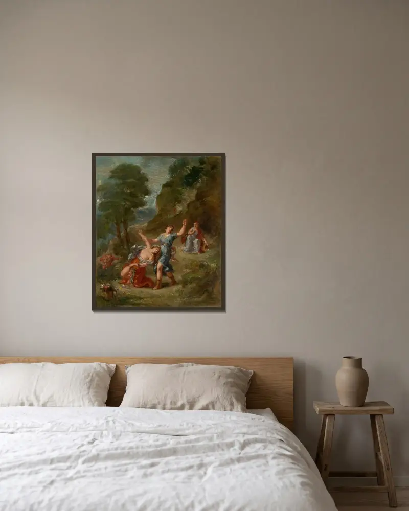 Der Frühling – Eurydike, von einer Schlange gebissen, während sie Blumen pflückt (Eurydikes Tod) von Eugène Delacroix gerahmt an einer Wand