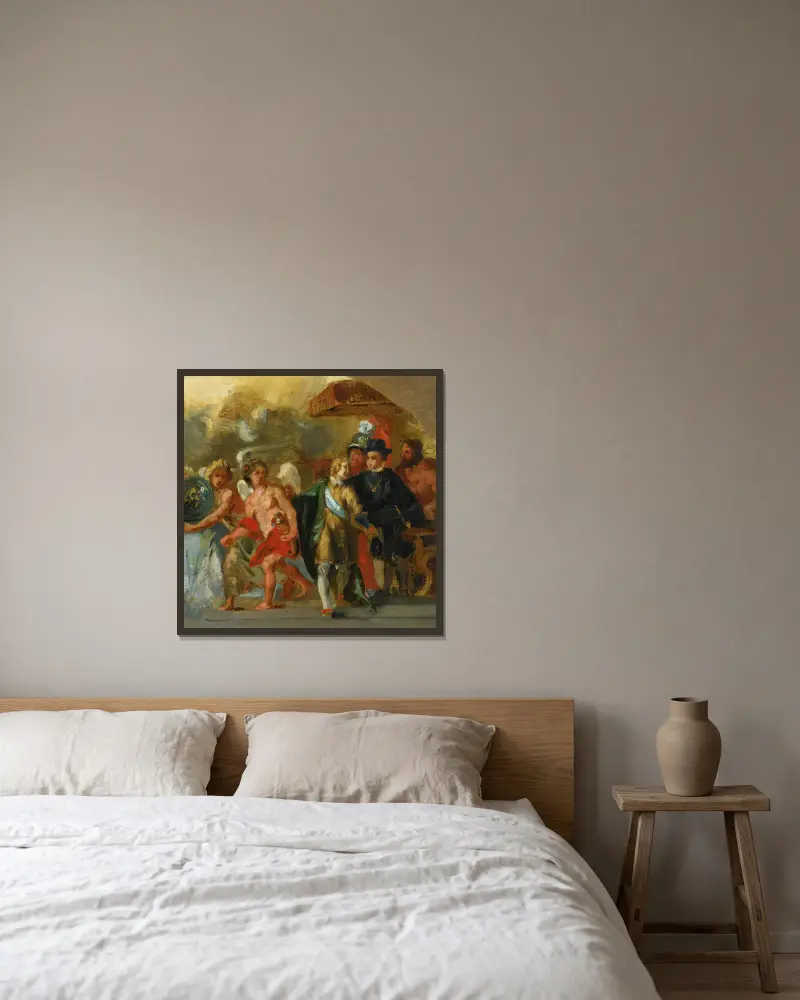 Ärkehertiginnan Isabellas scen (efter Rubens) av Eugène Delacroix inramad på en vägg