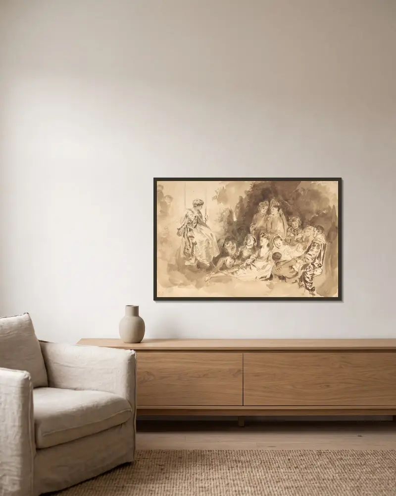 Gungan, efter Antoine Watteau (Les Agréements de l’été) av Eugène Delacroix inramad på en vägg