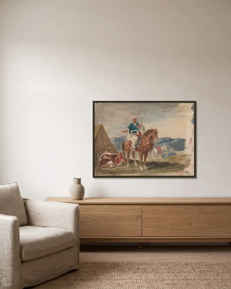 Tre arabiska ryttare vid ett läger av Eugène Delacroix inramad på en vägg
