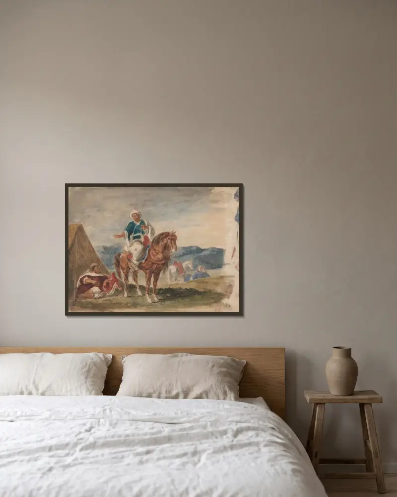 Tre arabiska ryttare vid ett läger av Eugène Delacroix inramad på en vägg
