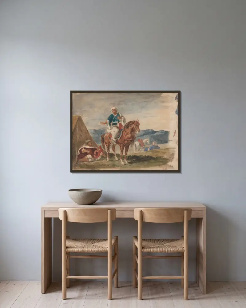 Tre arabiska ryttare vid ett läger av Eugène Delacroix inramad på en vägg