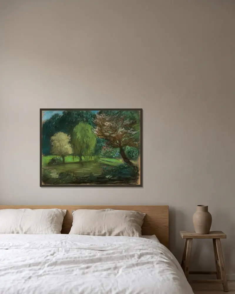 Stromy u vody v parku, Eugène Delacroix v rámu na stěně