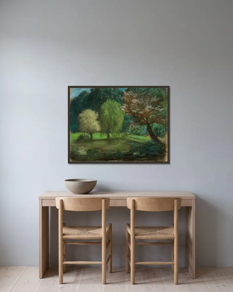 Stromy u vody v parku, Eugène Delacroix v rámu na stěně