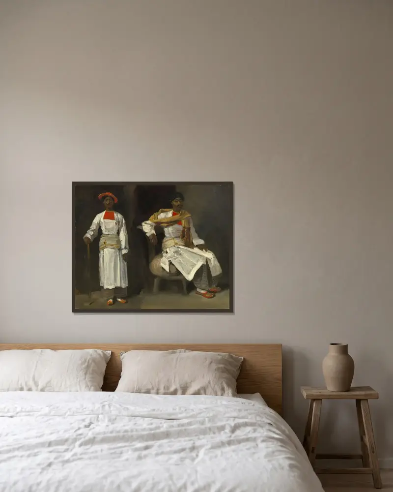Två studier av en indier från Calcutta, sittande och stående av Eugène Delacroix inramad på en vägg