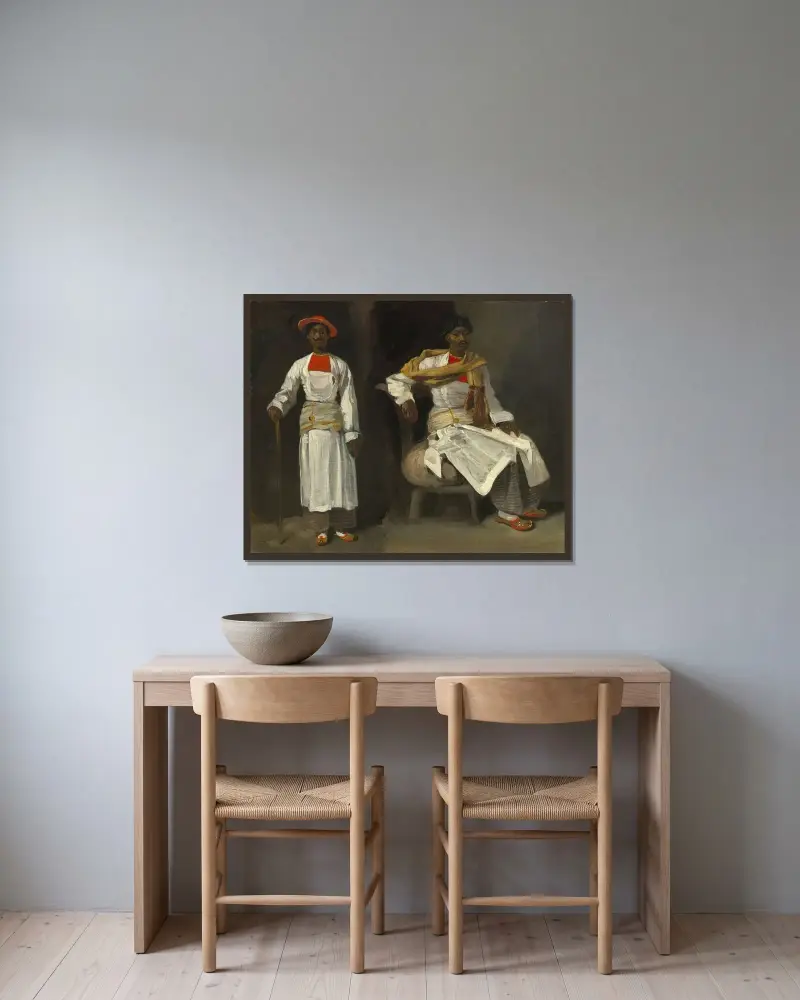 Två studier av en indier från Calcutta, sittande och stående av Eugène Delacroix inramad på en vägg