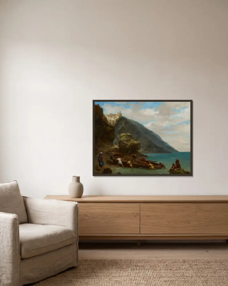 Vy över Tanger från strandkanten av Eugène Delacroix inramad på en vägg