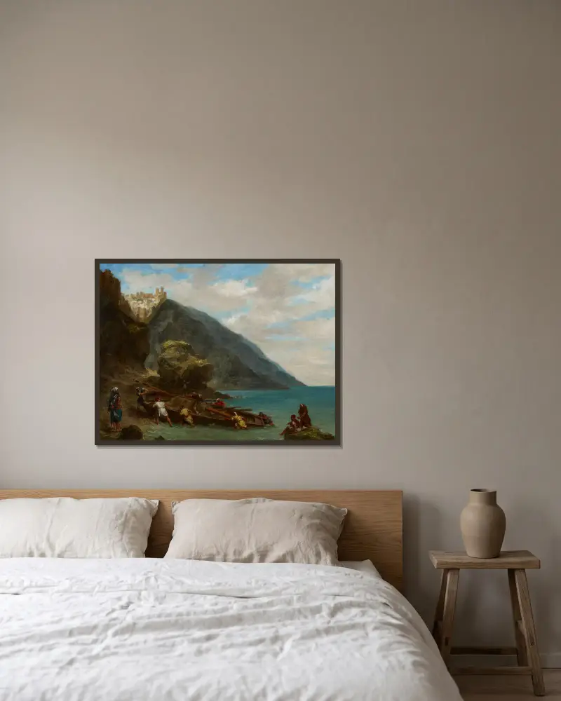 Vy över Tanger från strandkanten av Eugène Delacroix inramad på en vägg