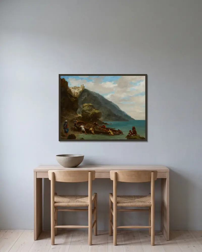 Vy över Tanger från strandkanten av Eugène Delacroix inramad på en vägg