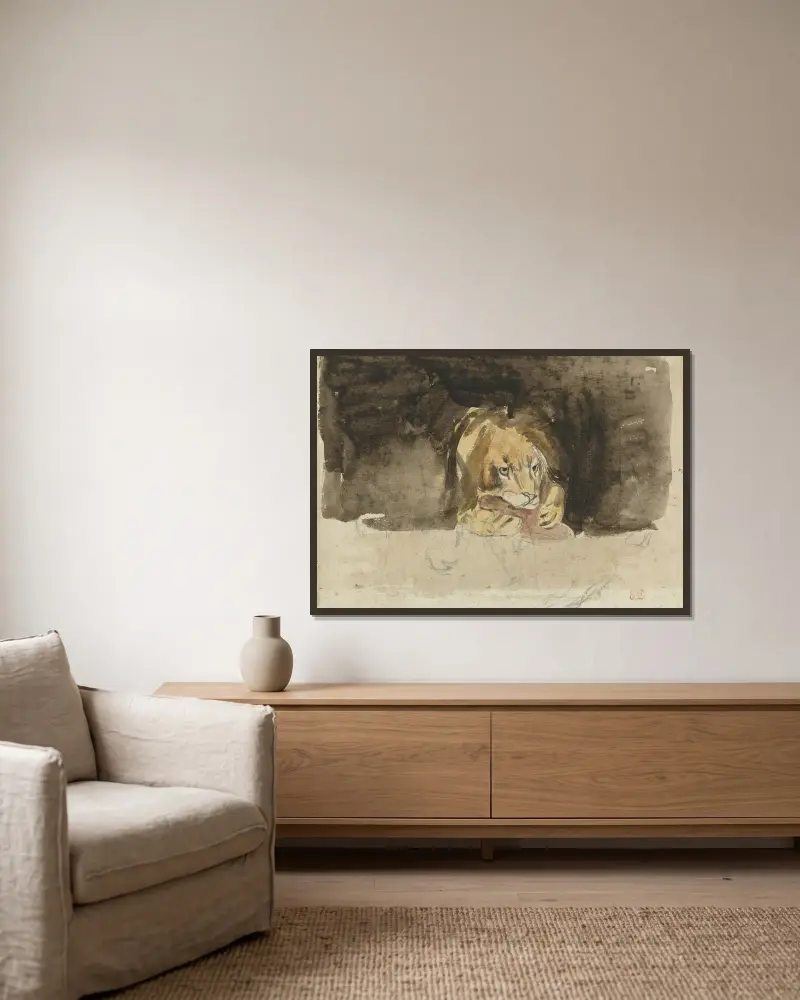 Lejon framifrån mot mörk bakgrund av Eugène Delacroix inramad på en vägg