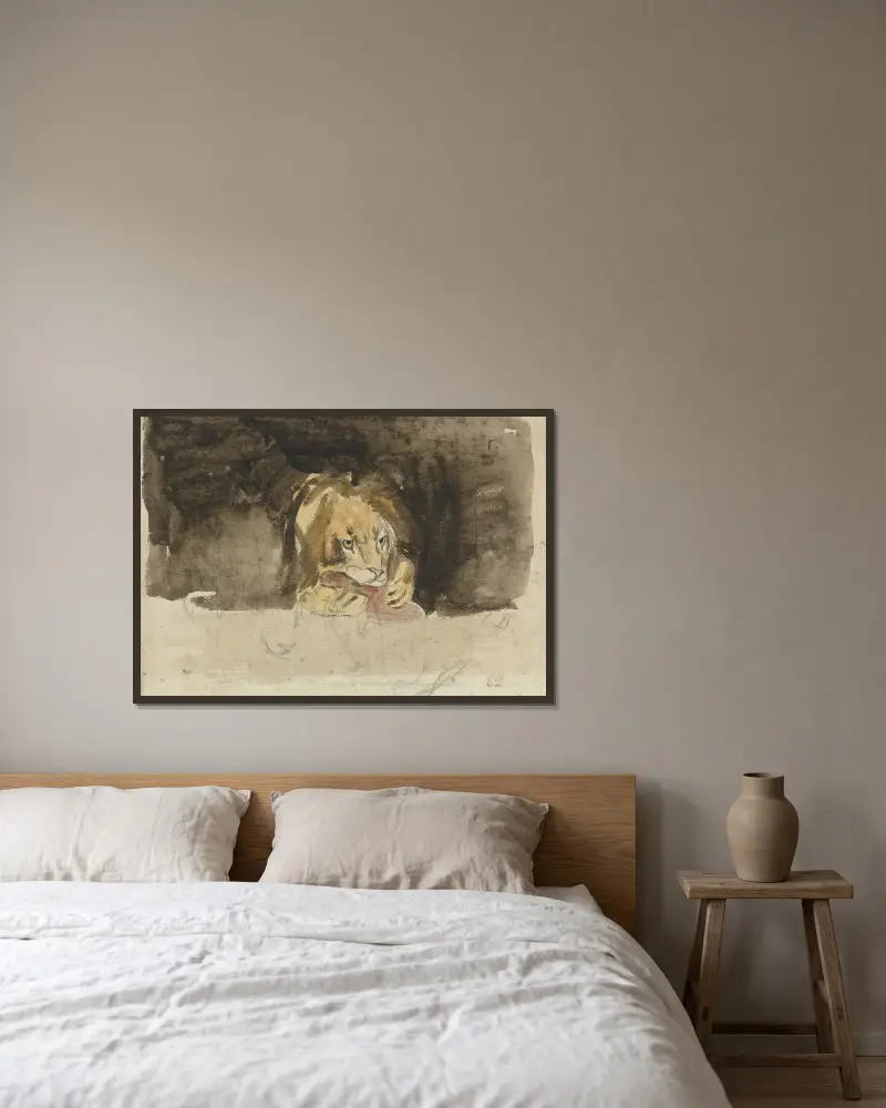 Lejon framifrån mot mörk bakgrund av Eugène Delacroix inramad på en vägg