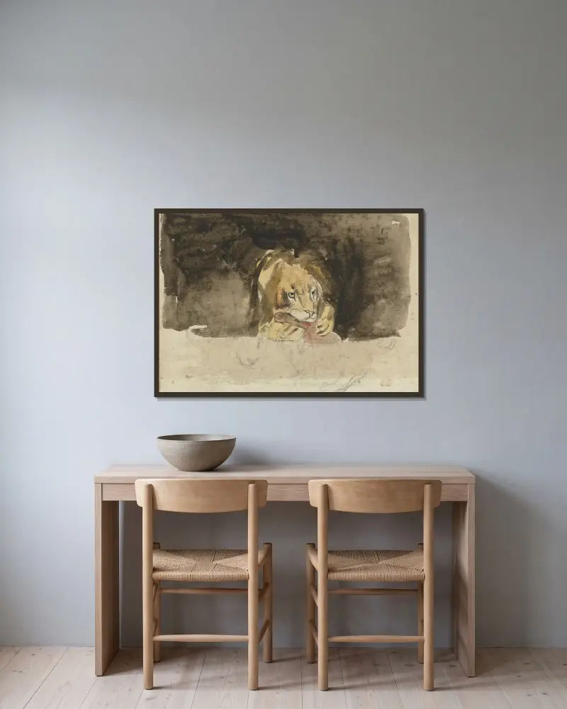 Lejon framifrån mot mörk bakgrund av Eugène Delacroix inramad på en vägg