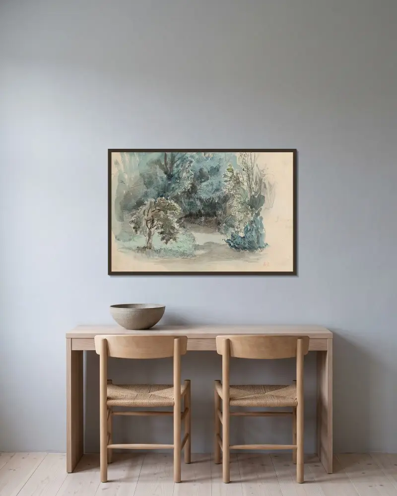 Förmodad utsikt över trädgården i Champrosay av Eugène Delacroix inramad på en vägg
